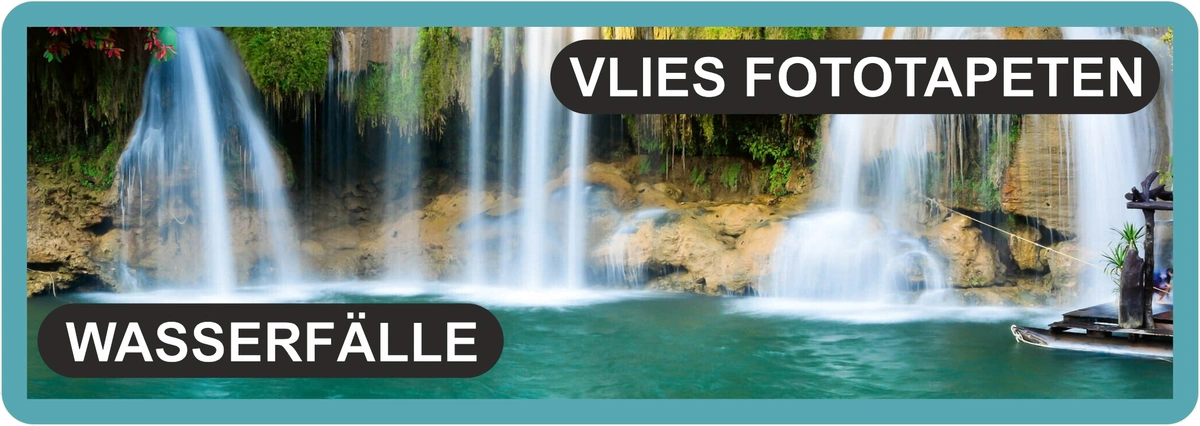 „Wasserfälle Vlies Fototapete – türkisfarbene Kaskadenlandschaft mit Felsen und Wald im Format 375 x 250 cm“